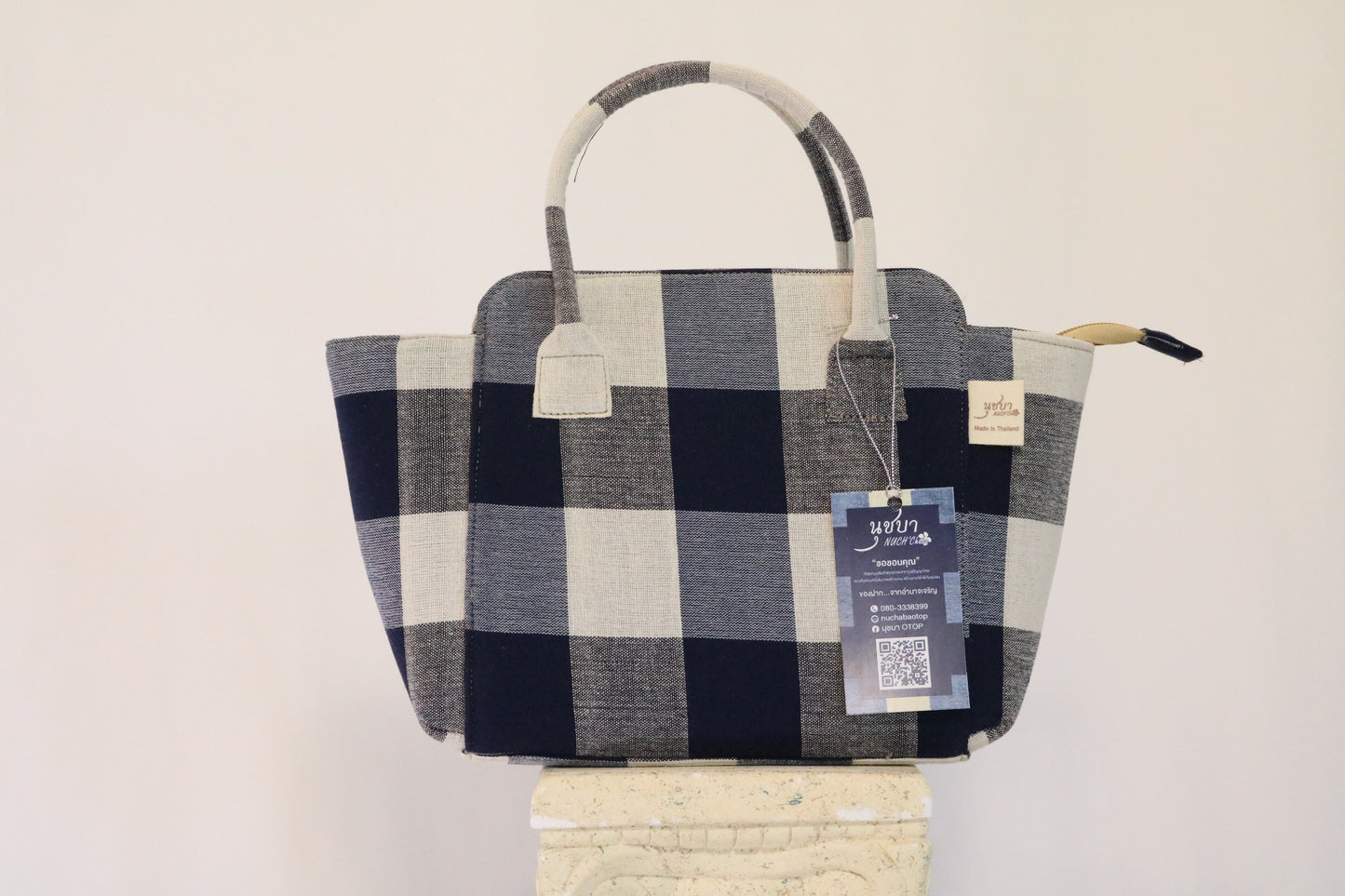 Navy Checked Handbag, Handmade from Thailand