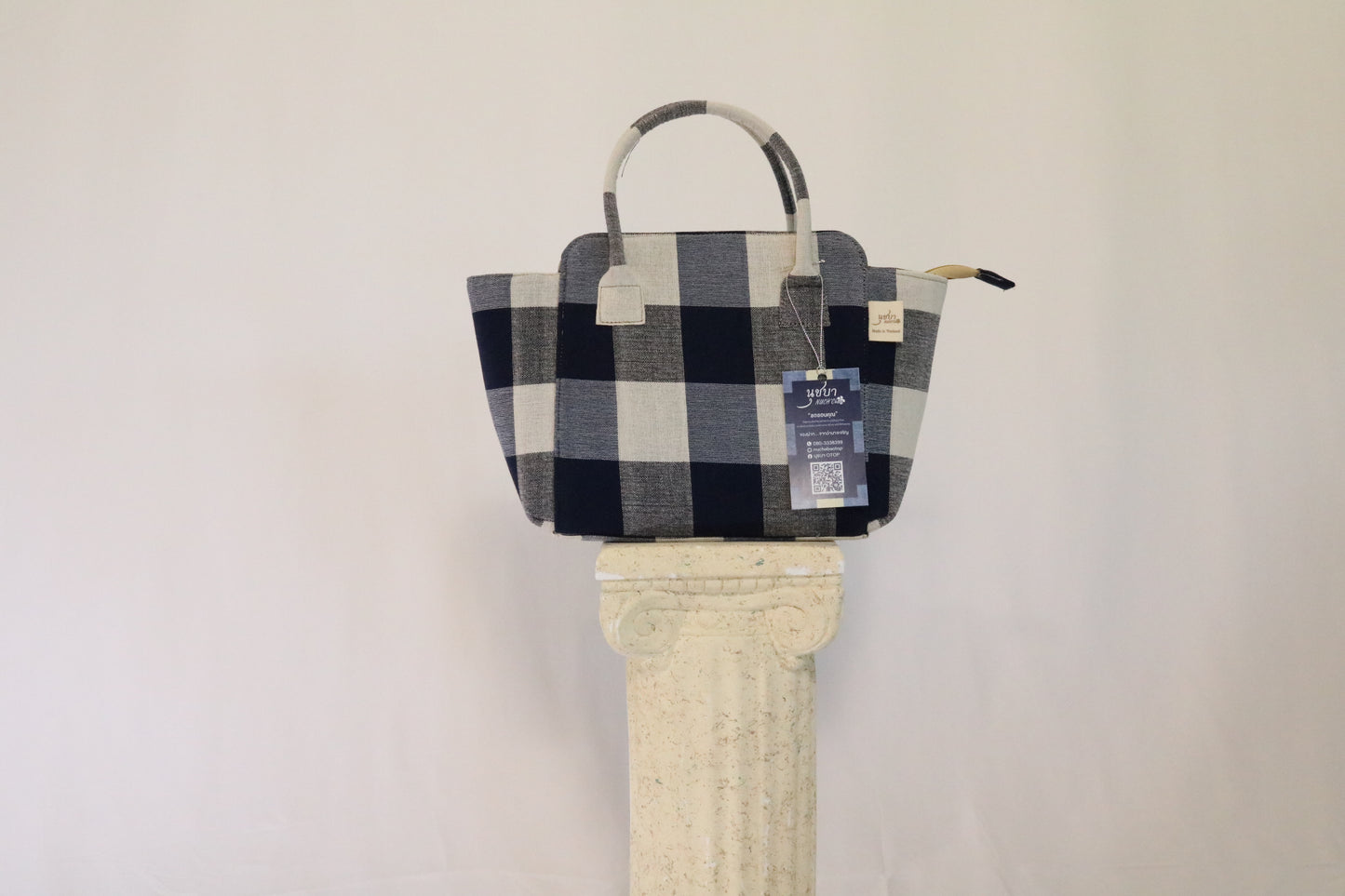 Navy Checked Handbag, Handmade from Thailand