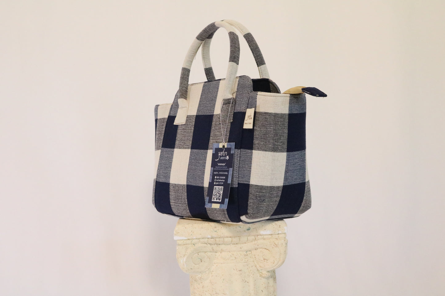 Navy Checked Handbag, Handmade from Thailand