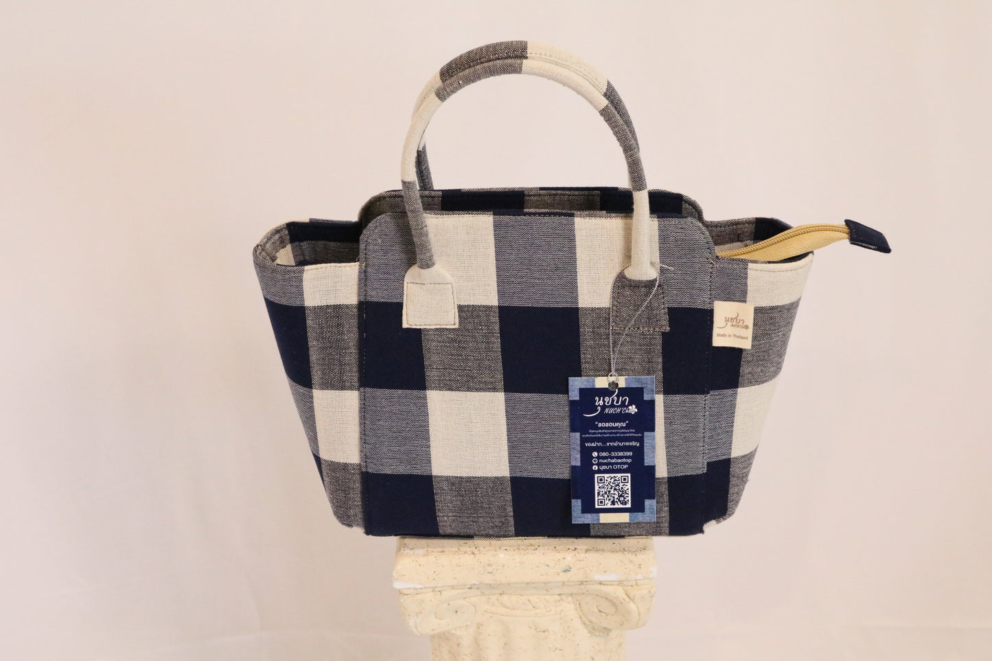Navy Checked Handbag, Handmade from Thailand