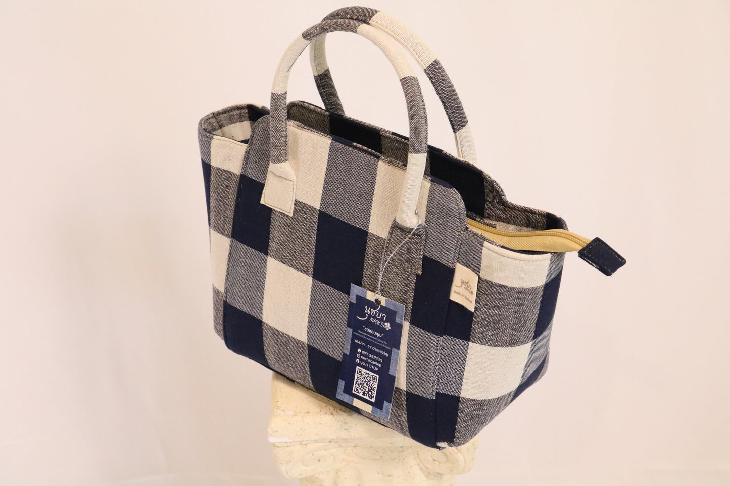 Navy Checked Handbag, Handmade from Thailand