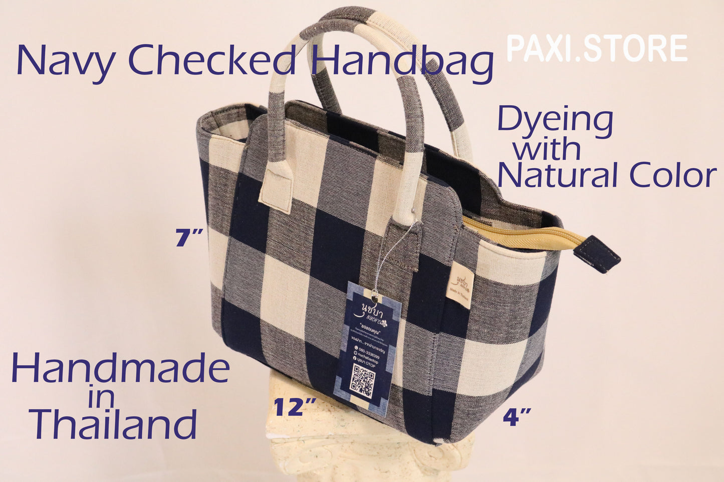 Navy Checked Handbag, Handmade from Thailand